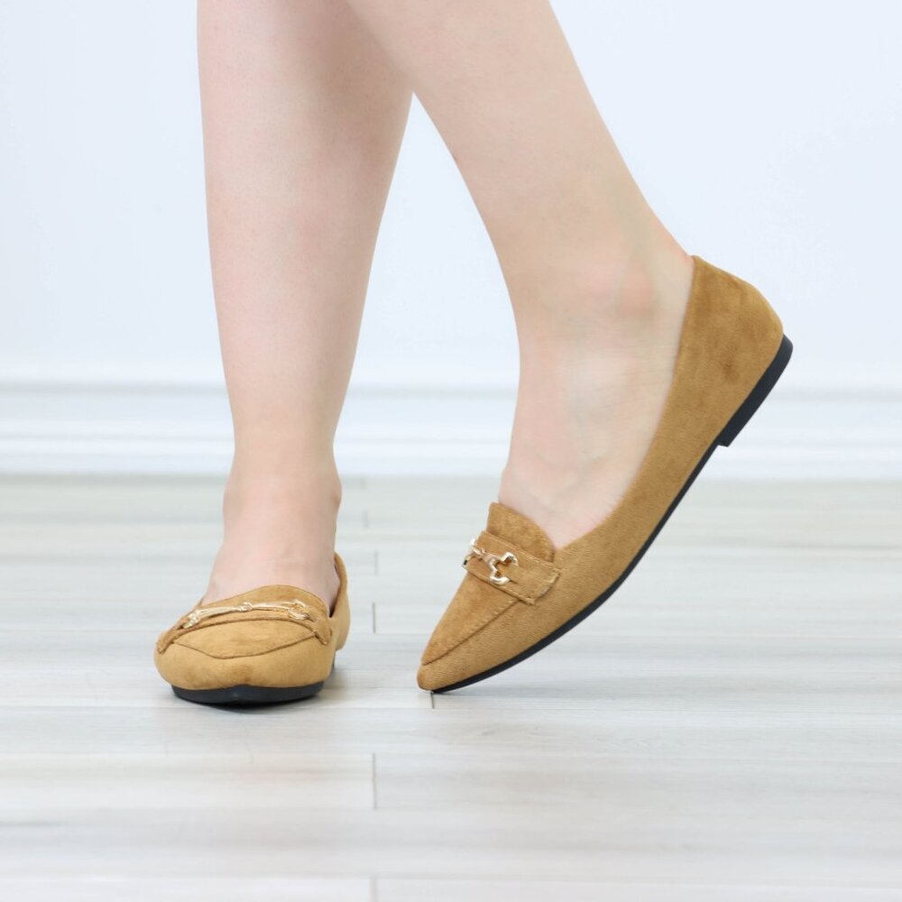 Tan Faux Suede Loafers Pointed Toe Gold Horsebit Slip-On Flats - Picture 6 of 13
